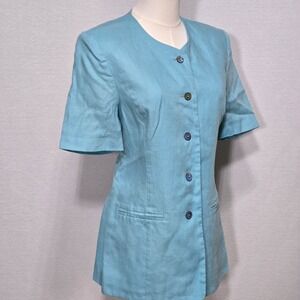 Geiger Womens Jacket Size 40 Blue Linen Short Sleeve Button Front Pocket